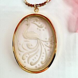 Vintage Glass Intaglio Peacock Pendant Necklace Reverse Carved Oval Cameo Style